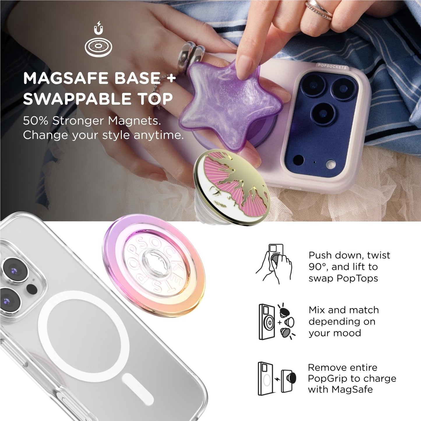 PopSockets PopGrip MagSafe Phone Grip/Stand with Swappable Top (Lunar Dreams Pink)