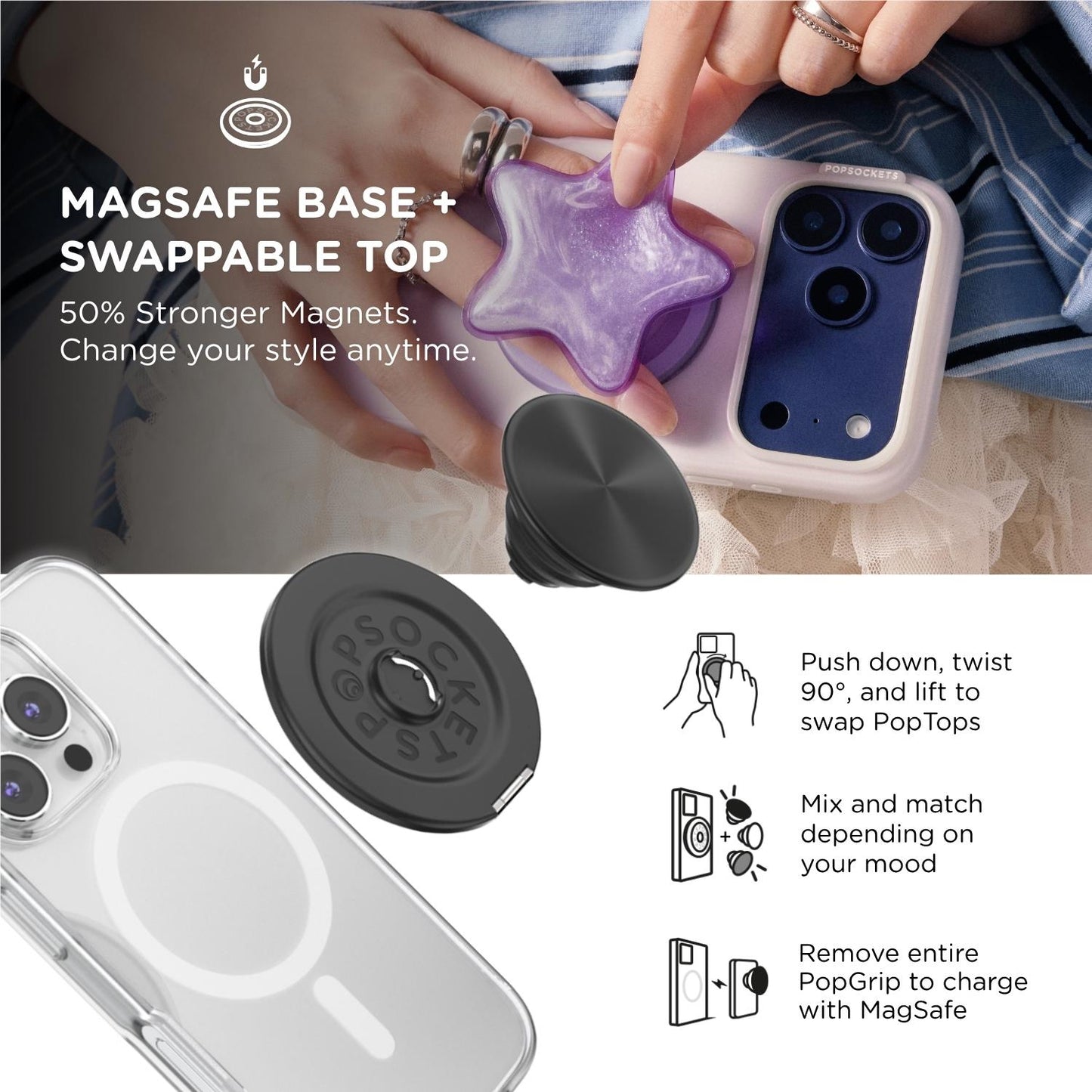 PopSockets PopGrip MagSafe Phone Grip/Stand with Swappable Top Kickout (Alum Radial Black)