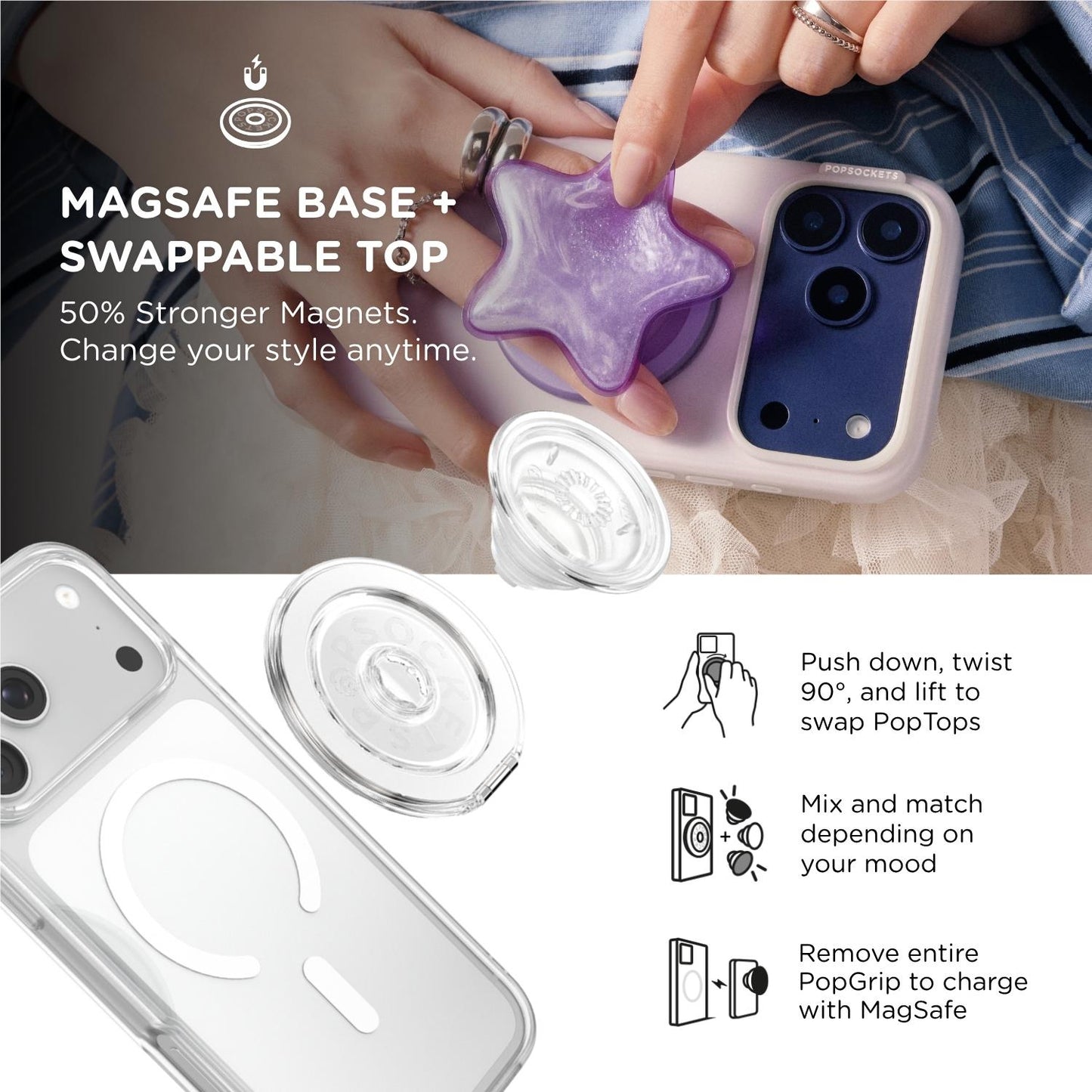 PopSockets PopGrip MagSafe Phone Grip/Stand with Swappable Top Kickout (Clear)