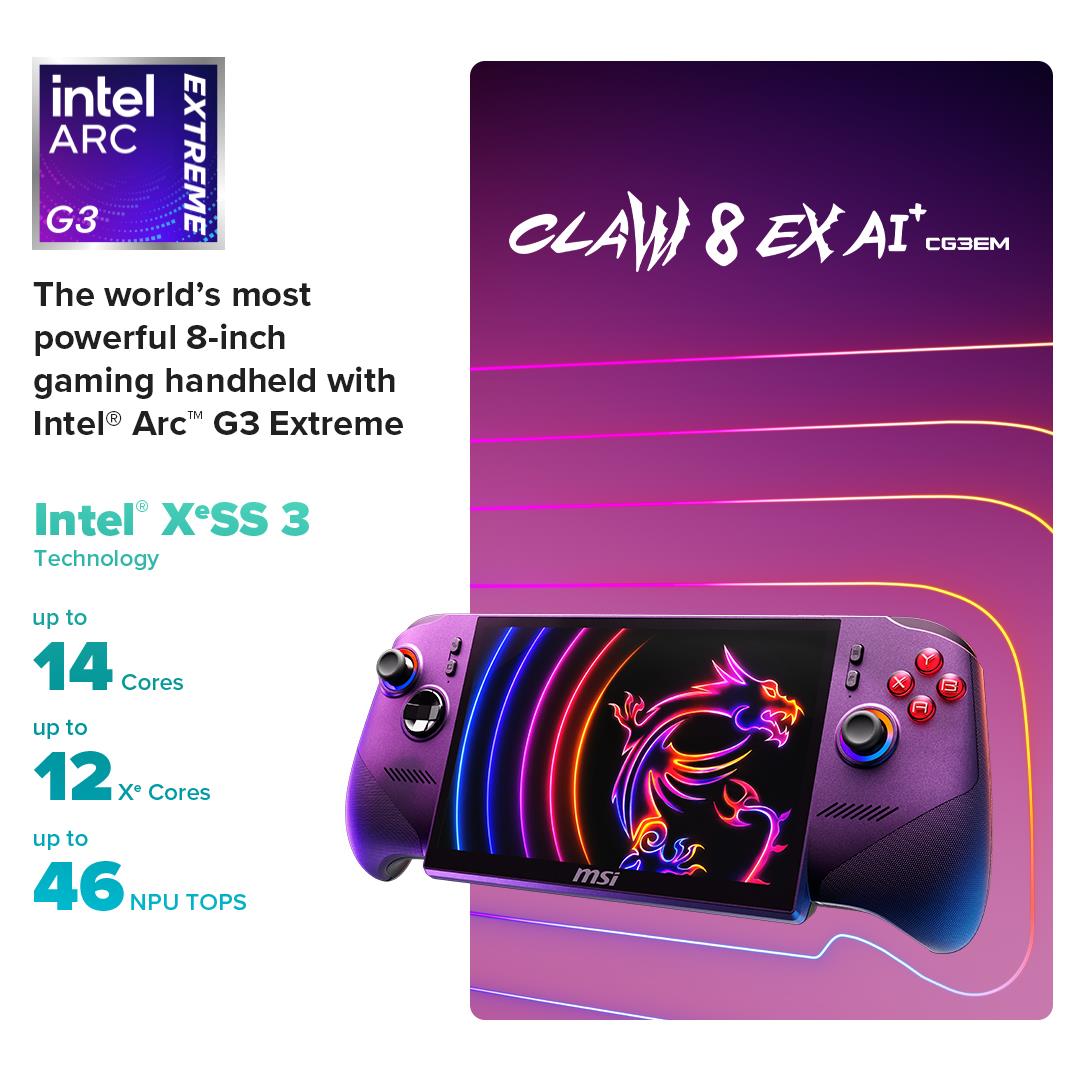 MSI Claw 8 EX AI+ 8" FHD+ Touchscreen 120Hz Gaming Handheld - Intel Arc G3 Extreme (1TB SSD)