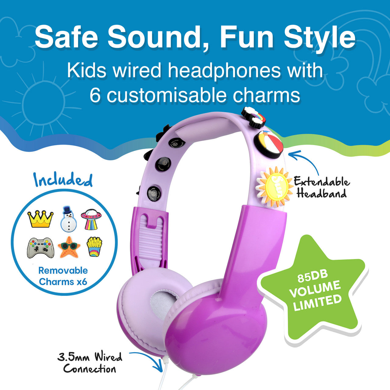 Laser Kids Volume Limited Wired Headphones With Charms (Pink)