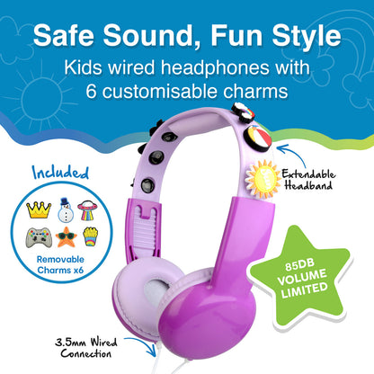 Laser Kids Volume Limited Wired Headphones With Charms (Pink)