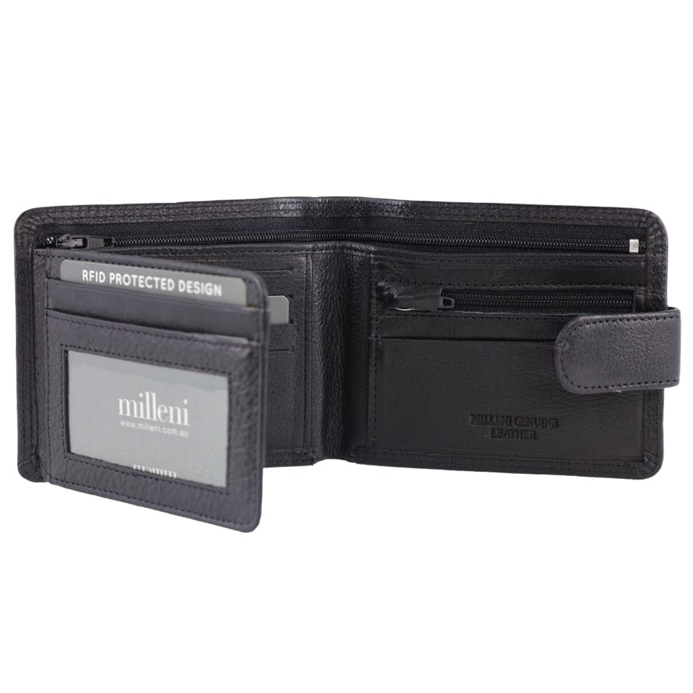 Milleni Men's Leather Card/Card Tab RFID Protected Wallet 11cm Black