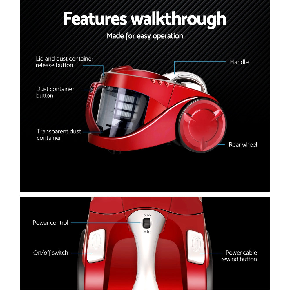 Devanti 2200W Multi-cyclonic Bagless Vacuum Cleaner Pet Hair (Red)