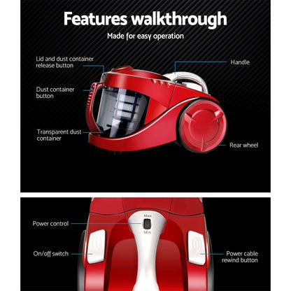 Devanti 2200W Multi-cyclonic Bagless Vacuum Cleaner Pet Hair (Red)