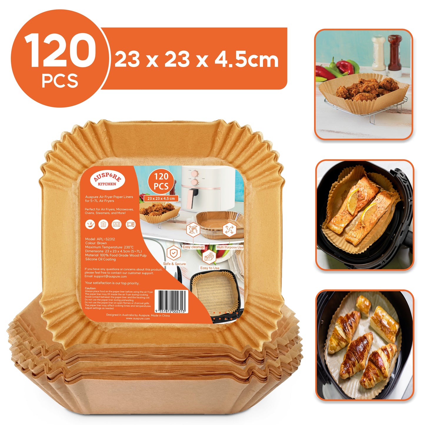 AUSPURE Air Fryer Paper Liners, Square 23x23x4.5cm, 120 Pieces, Non-Stick