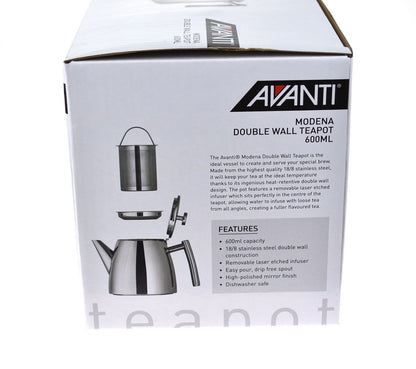 Avanti Modena Double Wall Stainless Steel Teapot 600Ml - Silver | Double Wall | Stainless Steel