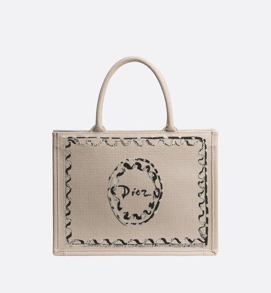 Dioriviera Medium Dior Book Tote with Strap Beige Dior Painted Ribbon Embroidery