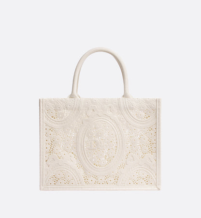 Medium Dior Book Tote with Strap Latte Embroidered Crochet with Dior Médaillon Signature