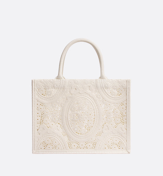 Medium Dior Book Tote with Strap Latte Embroidered Crochet with Dior Médaillon Signature