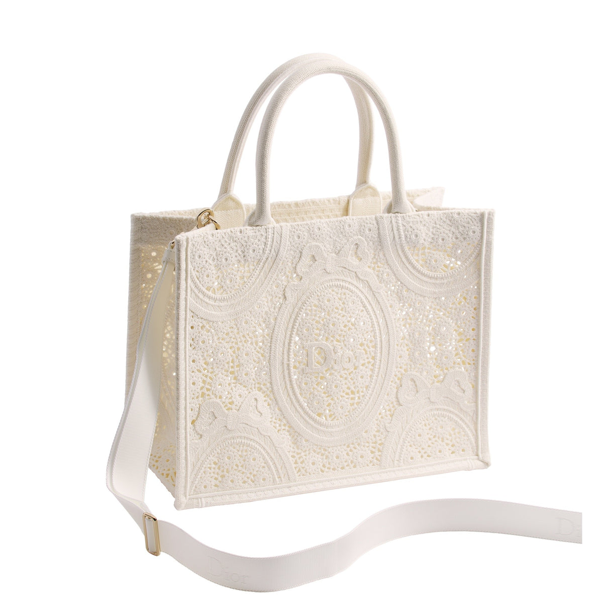 Medium Dior Book Tote with Strap Latte Embroidered Crochet with Dior Médaillon Signature