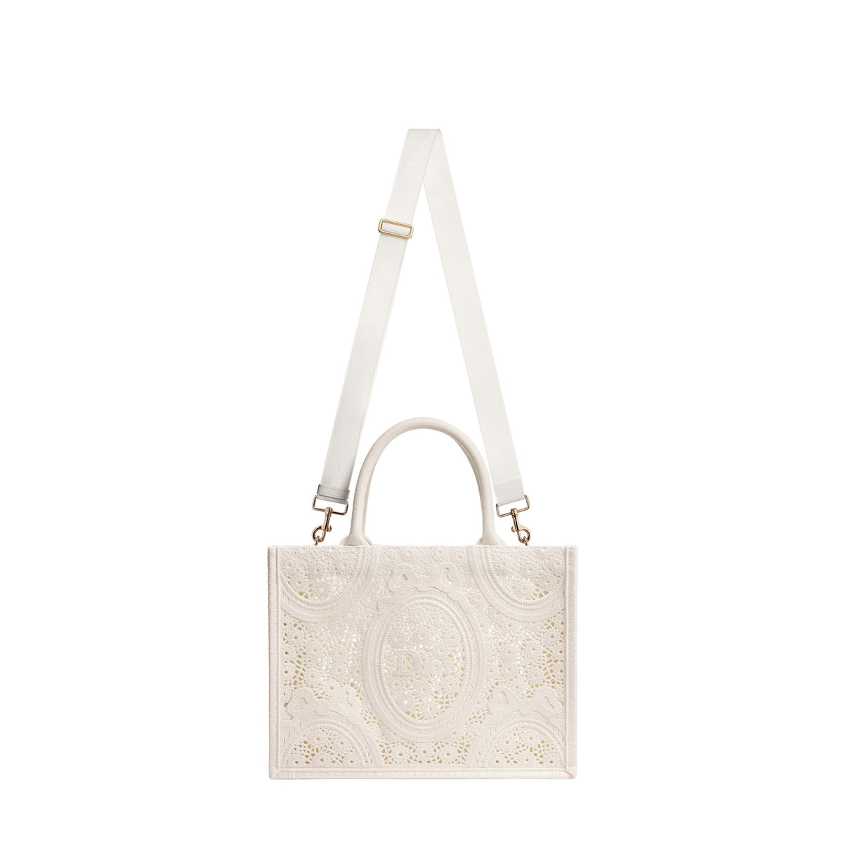 Medium Dior Book Tote with Strap Latte Embroidered Crochet with Dior Médaillon Signature