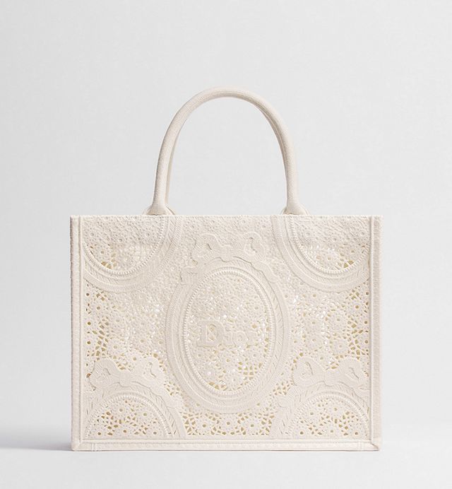 Medium Dior Book Tote with Strap Latte Embroidered Crochet with Dior Médaillon Signature