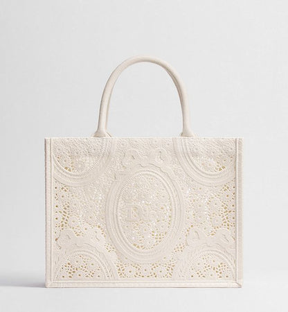 Medium Dior Book Tote with Strap Latte Embroidered Crochet with Dior Médaillon Signature