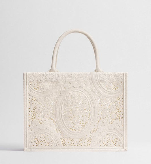 Medium Dior Book Tote with Strap Latte Embroidered Crochet with Dior Médaillon Signature