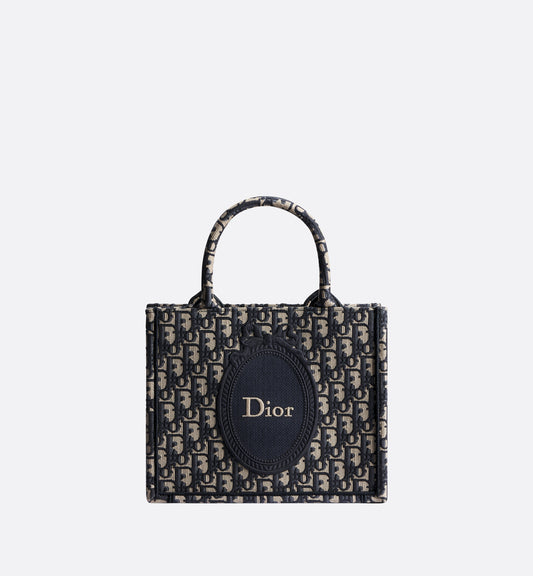 Small Dior Book Tote with Strap Blue Dior Oblique Jacquard and Embroidered Dior Médaillon