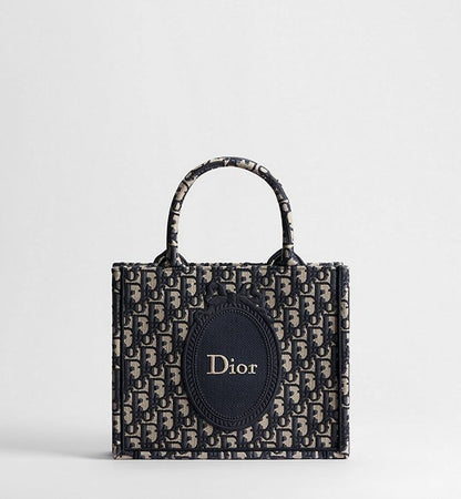 Small Dior Book Tote with Strap Blue Dior Oblique Jacquard and Embroidered Dior Médaillon