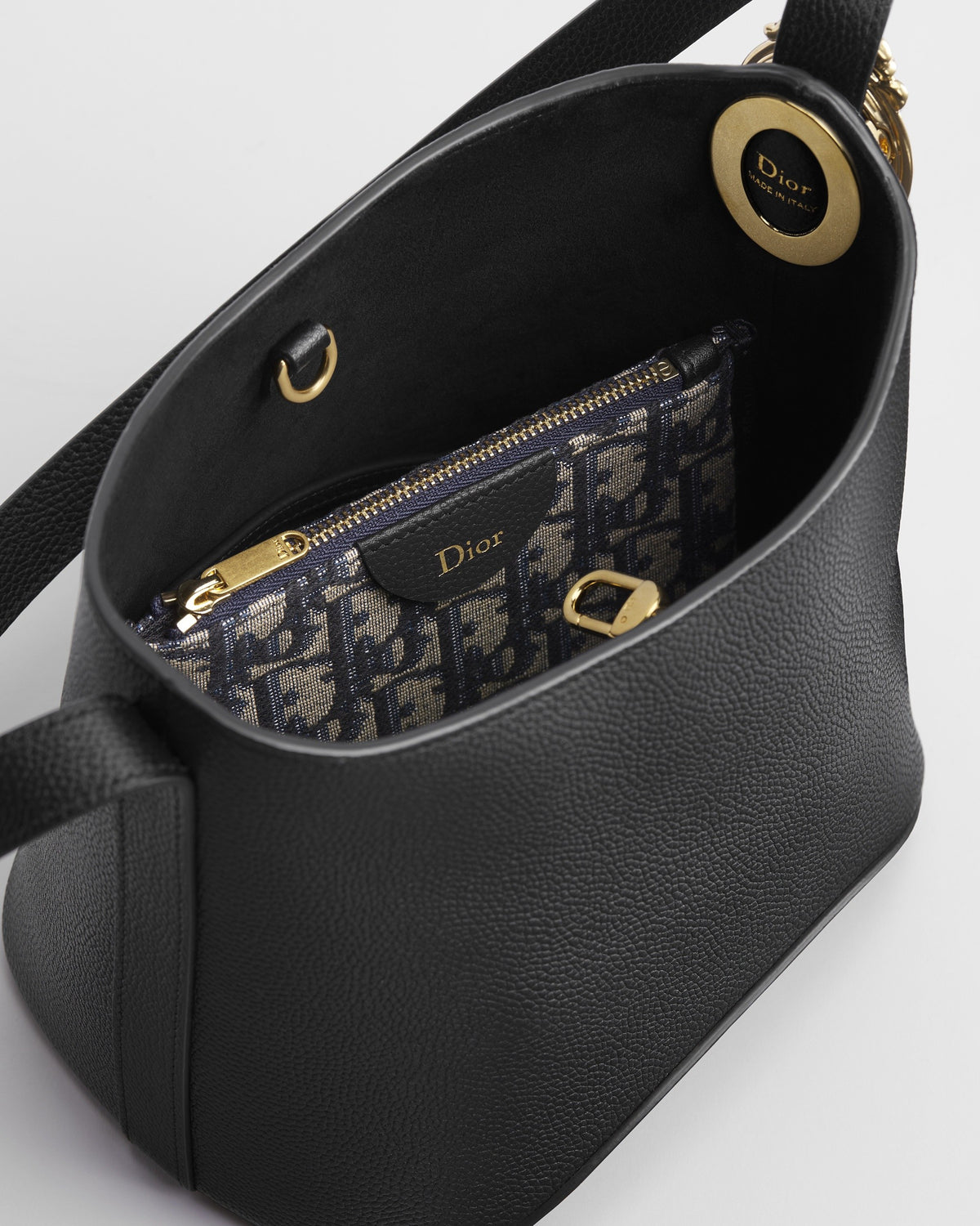 Small Dior Médaillon Bucket Bag Black Grained Calfskin
