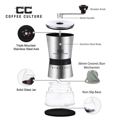 Coffee Culture Premium Stainless Steel Hand Burr Manual Coffee Grinder (Silver)