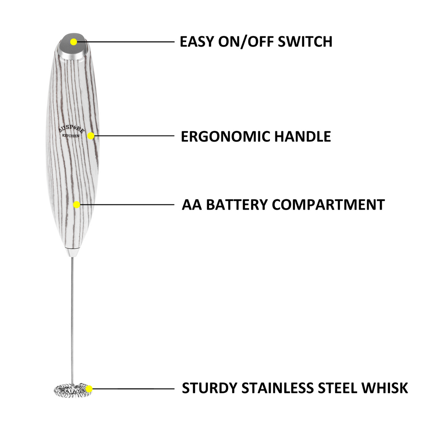 AUSPURE Milk Frother Handheld, Electric Whisk (White Wood)