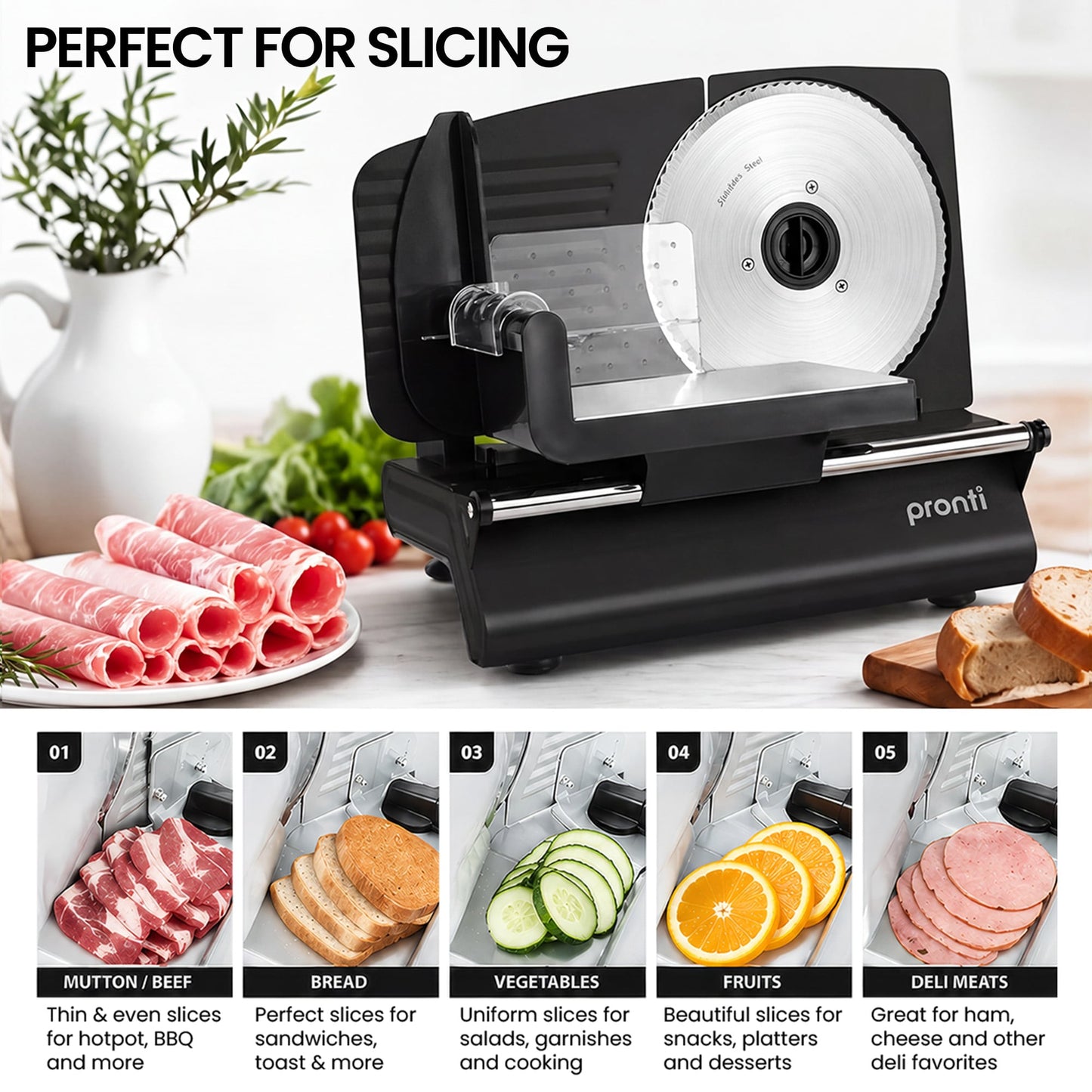 Pronti Electric Deli and Food Slicer 200W with 2 Blades - Black