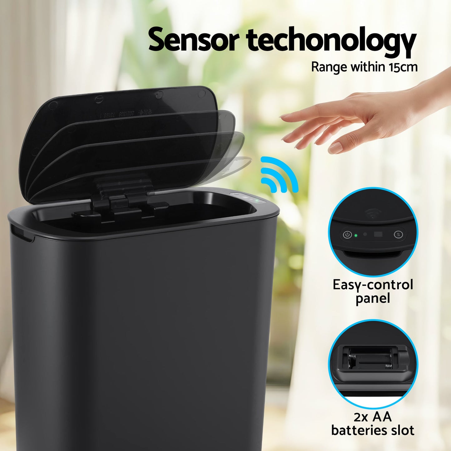 Devanti 21L Motion Sensor Kitchen Bin Slim Touchless Rubbish Can with Lid Black