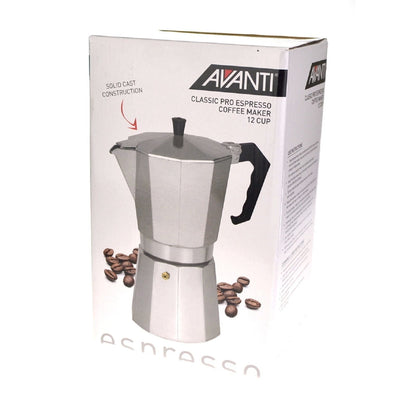 Avanti 12 Cup Classic Pro Espresso Coffee Maker Percolator - Silver | Moka Pot | Safety valve, Silicon Gasket, With Manuals