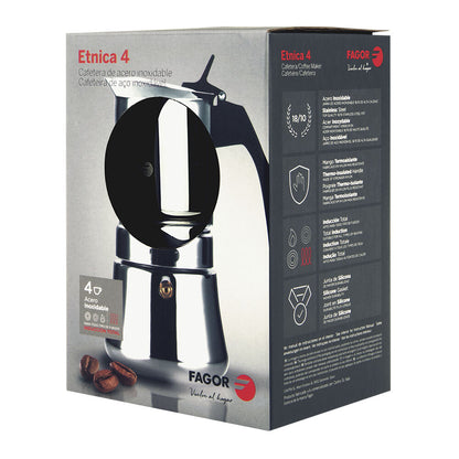 Fagor Etnica Stainless Steel 4 Cups Espresso Coffee Maker Moka Pot Silver
