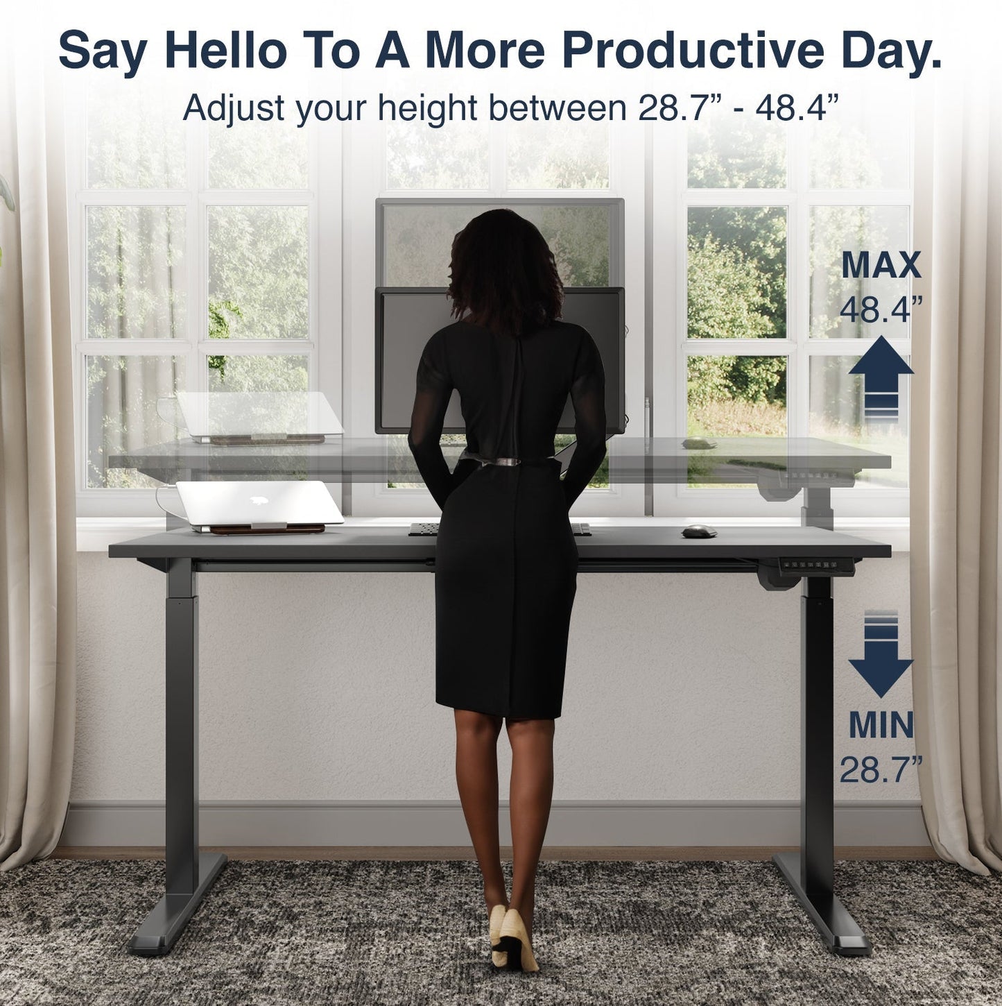 Desky Single Sit Stand Gaming Desk 200cm Black Desktop and Space Grey Frame