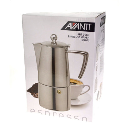 Avanti 10 Cup Art Deco Espresso Coffee Maker Percolator - Silver | Stovetop Percolator | Safety valve, Silicon Gasket, With Manuals