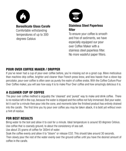 Coffee Culture 400ml Pour Over Coffee Maker Dripper Glass Jug with Filter/Handle