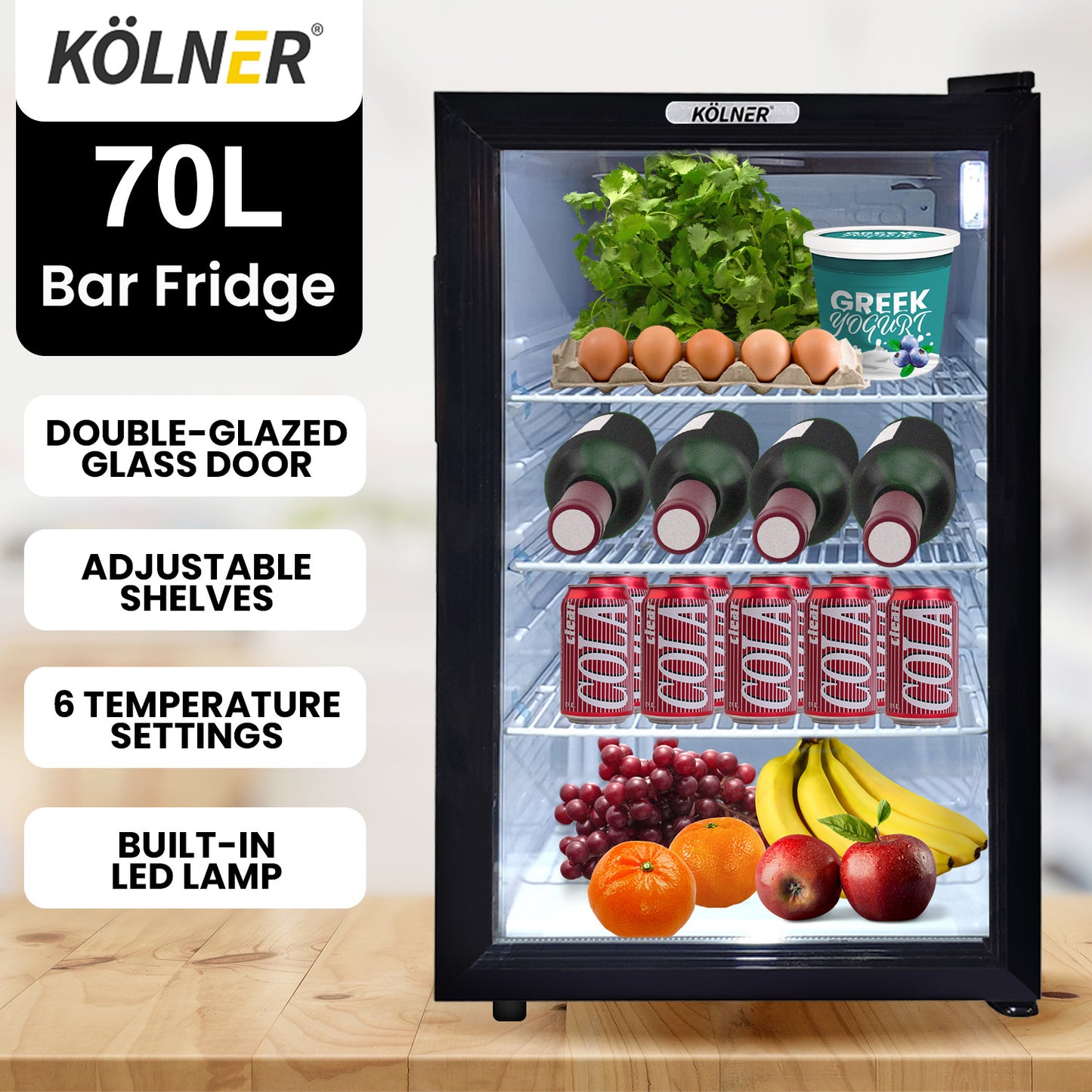 Kolner 70L Mini Bar Fridge Glass Door Beverage Cooler Wine Drinks Refrigerator