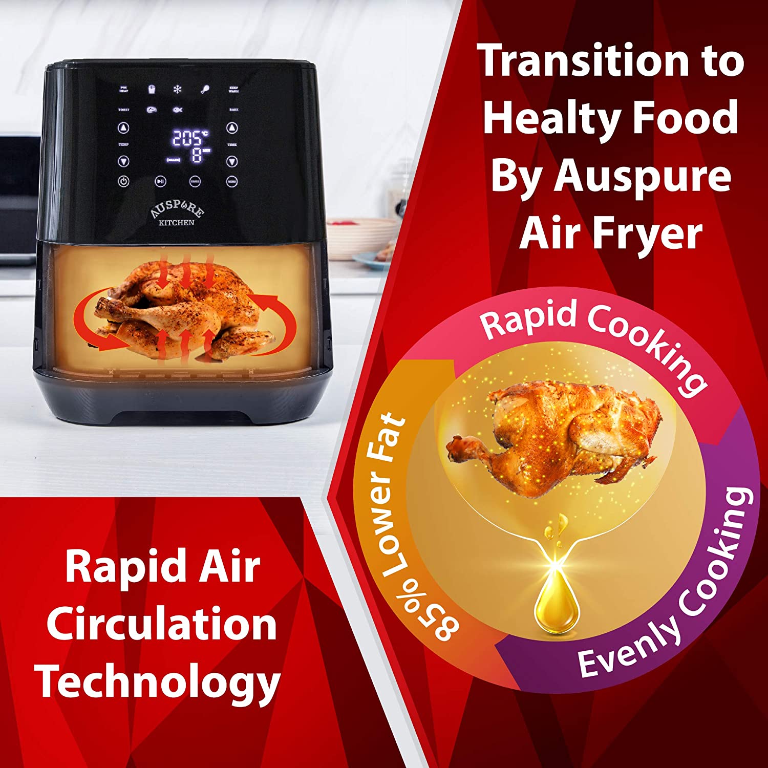 AUSPURE Air Fryer 5.5L Premium Digital, 100 Recipes, Nonstick Basket