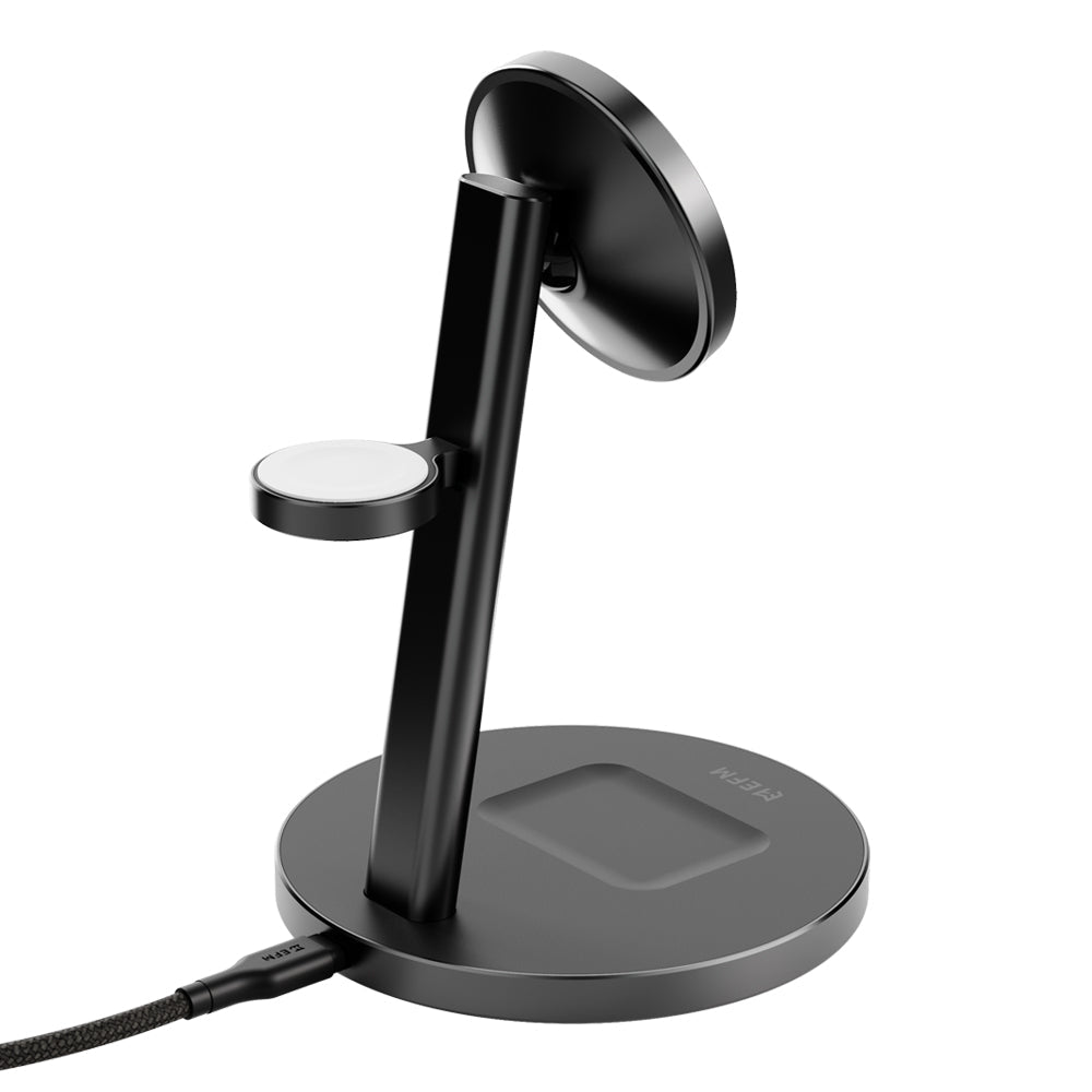 EFM Qi2 Trio Wireless Charge Stand with 5W MFi Apple Watch Charger Pad (Black)
