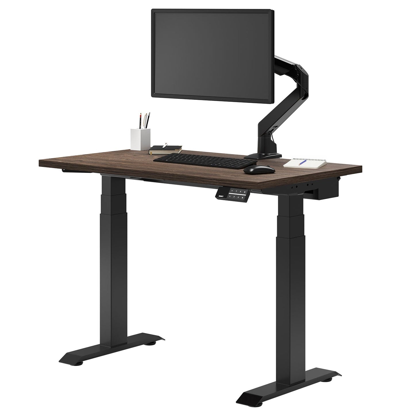 Desky Dual Mini Sit Stand Desk 1100x600 Natural Walnut Desktop and Matte Black Frame