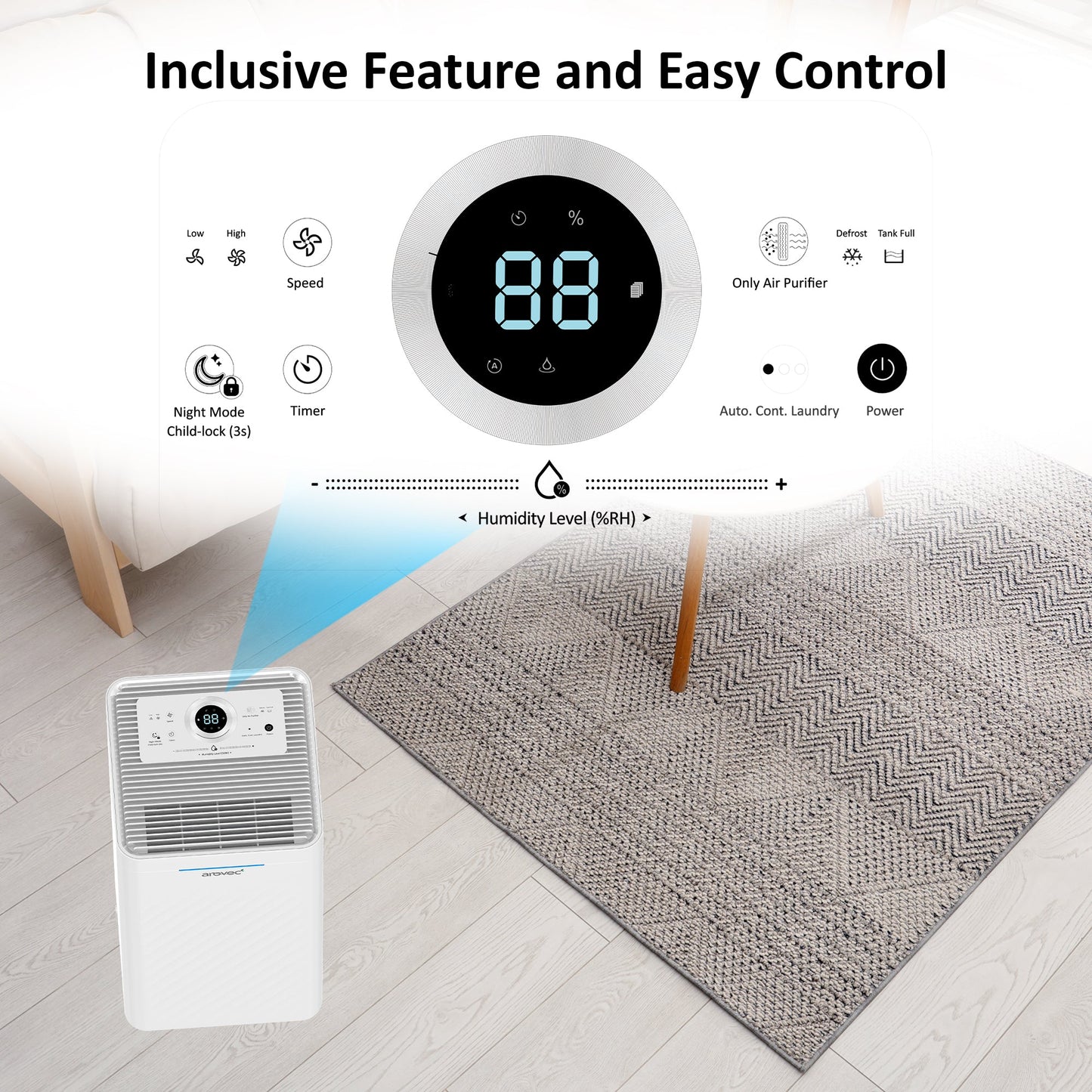 AROVEC 2-in-1 Smart Dehumidifier & Air Purifier – 10L/Day, 2.5L Tank, 30m² Coverage