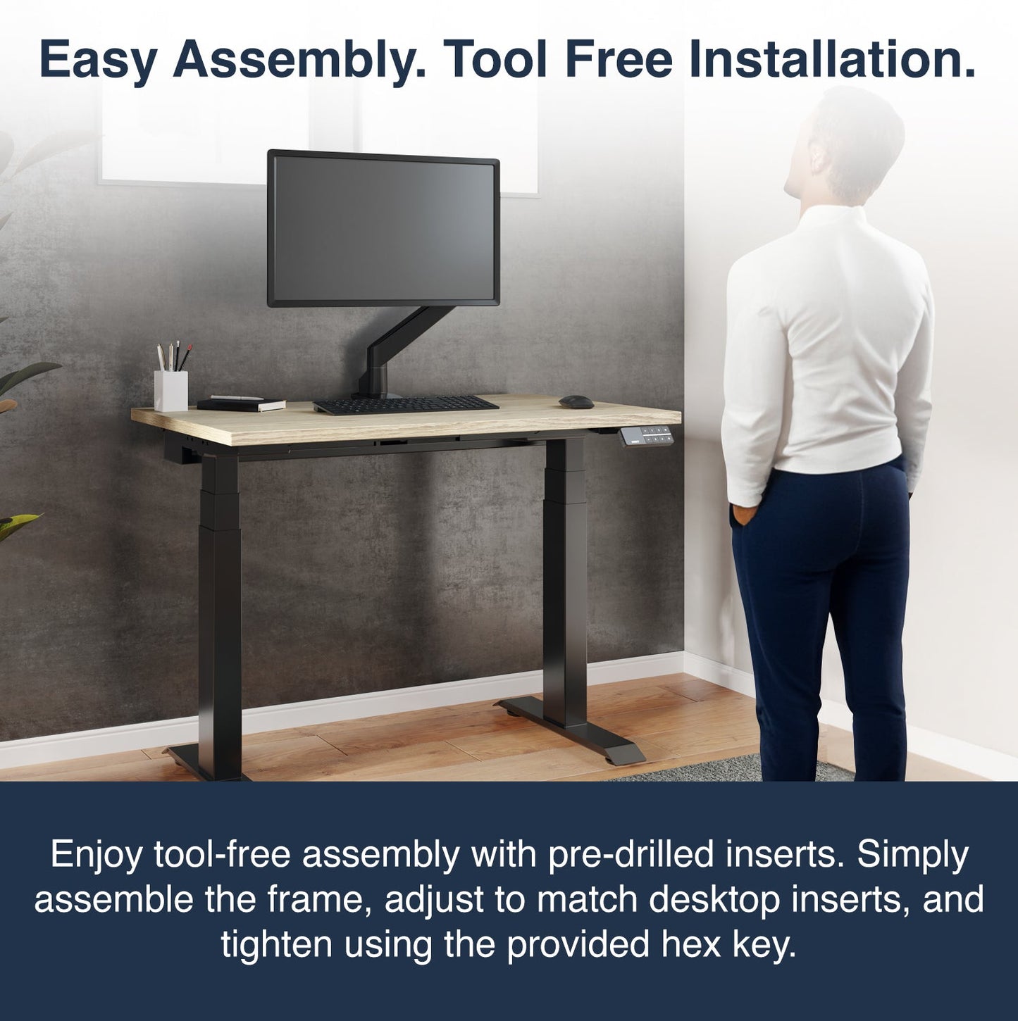 Desky Dual Mini Sit Stand Desk 1100x600 Classic Oak Desktop and Matte Black Frame