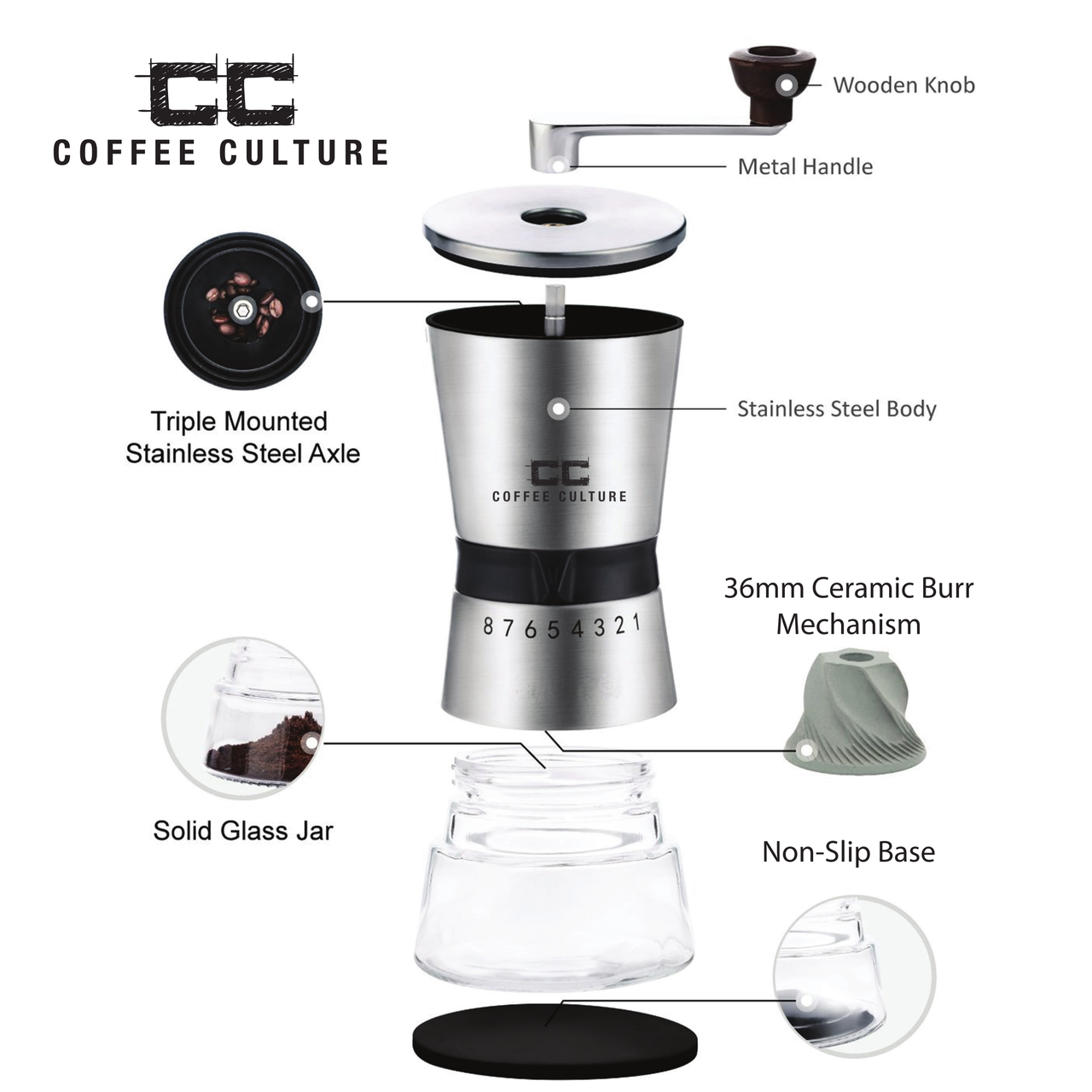 Coffee Culture Premium Stainless Steel Hand Burr Manual Coffee Grinder (Silver)