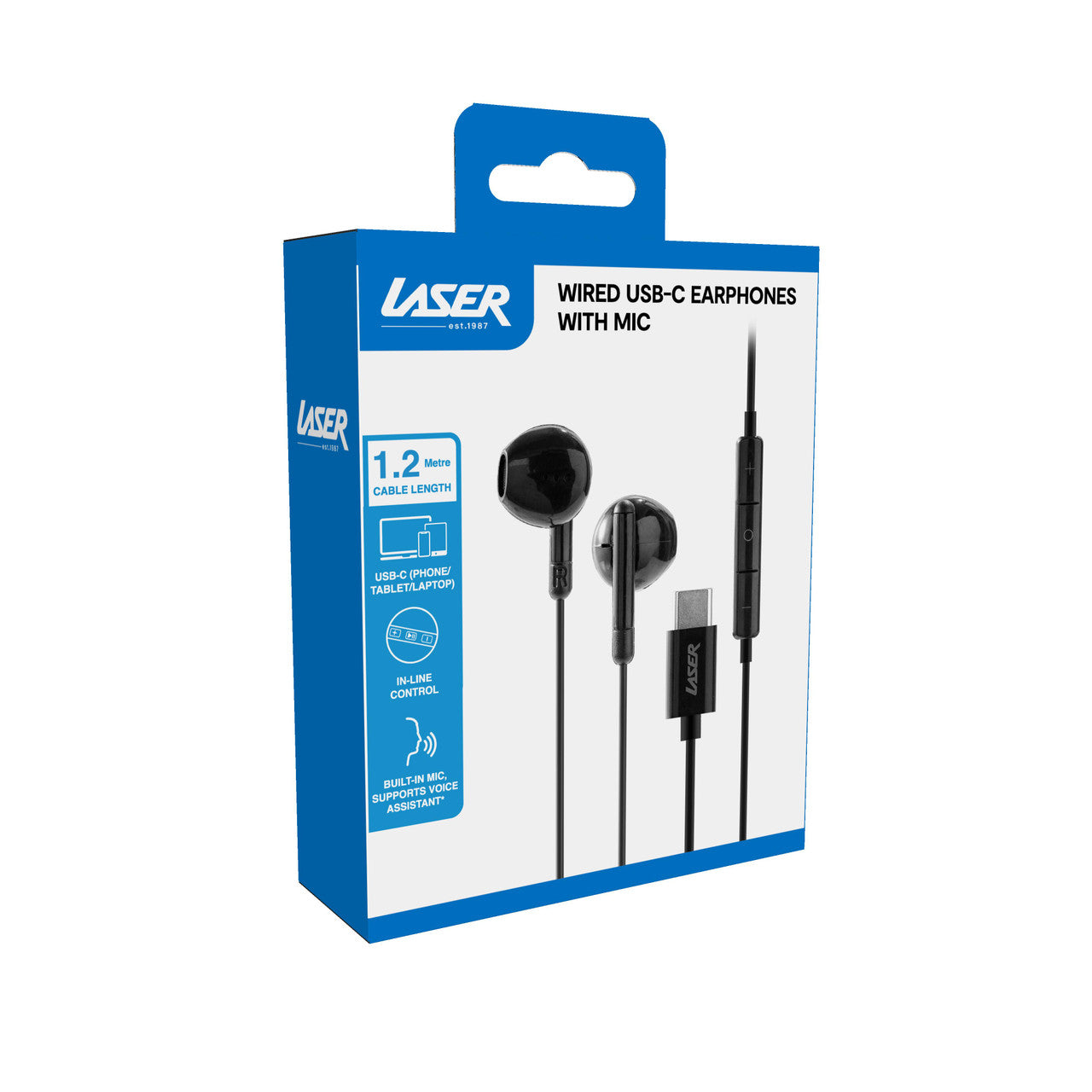 Laser USB-C Earphones with Built-In Microphone (Black)