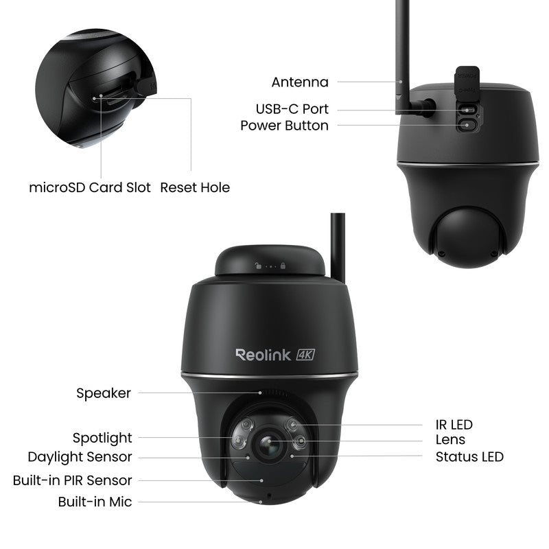 Reolink Argus PT Ultra 4K Pan Tilt Wireless Automatic Tracking Battery Security Camera Black