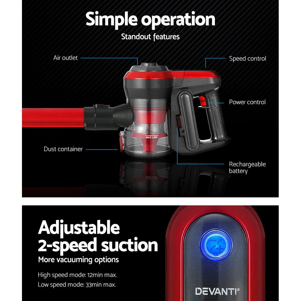Devanti Stick Vacuum Cleaner Brushless Cordless 250W (Red)