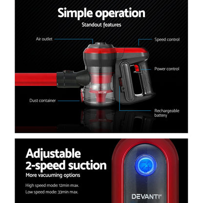 Devanti Stick Vacuum Cleaner Brushless Cordless 250W (Red)