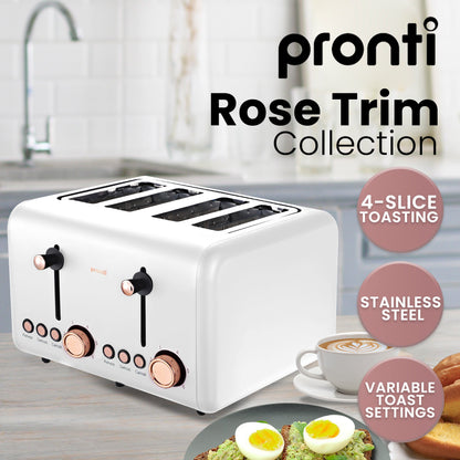 Pronti Breakfast Set with Rose Gold Kettle, Toaster & Espresso Machine - White