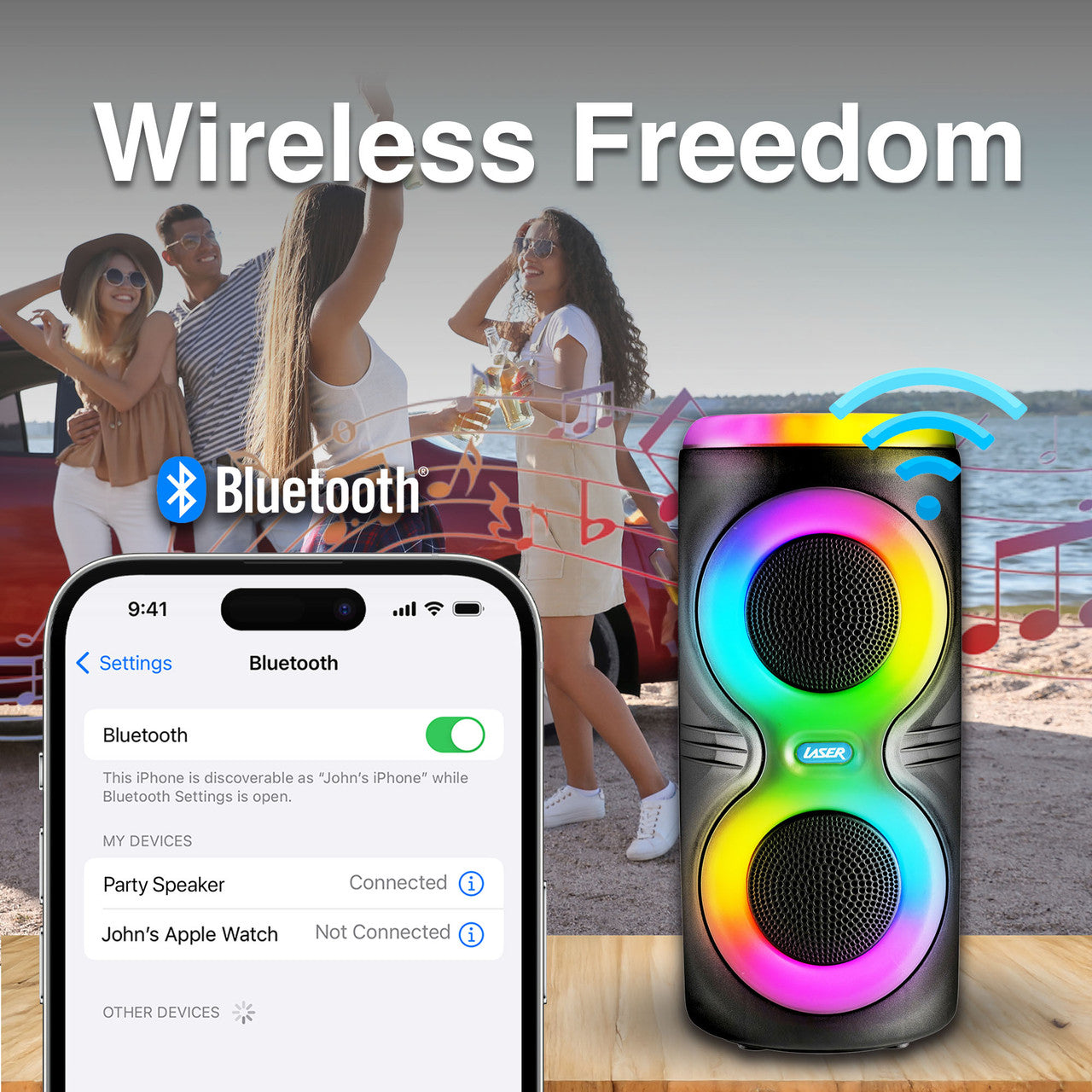 Laser Bluetooth Party Speaker with RGB Lights and Wireless Mic (Black)