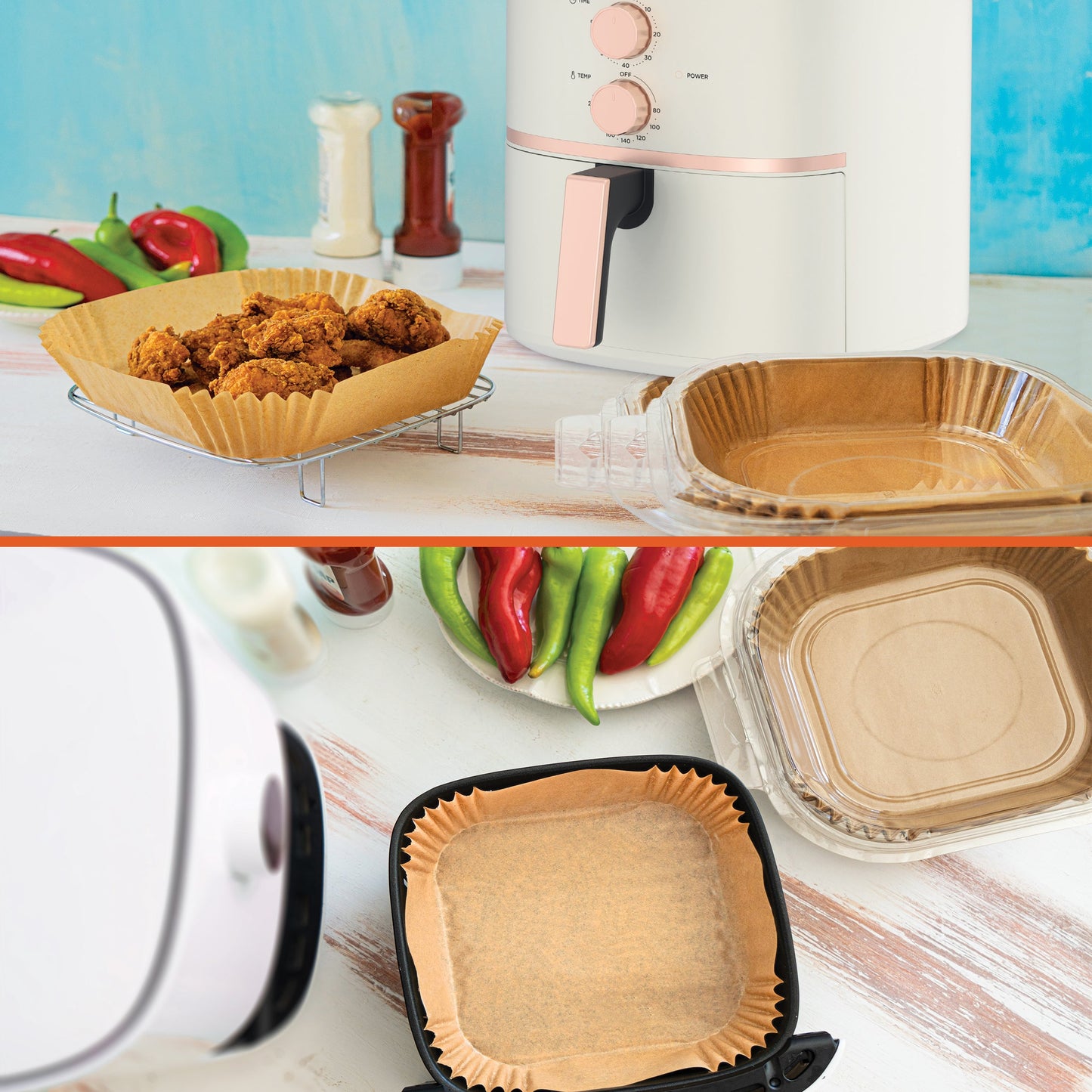 AUSPURE Air Fryer Paper Liners, Square 20x20x4.5cm, 120 Pieces, Non-Stick