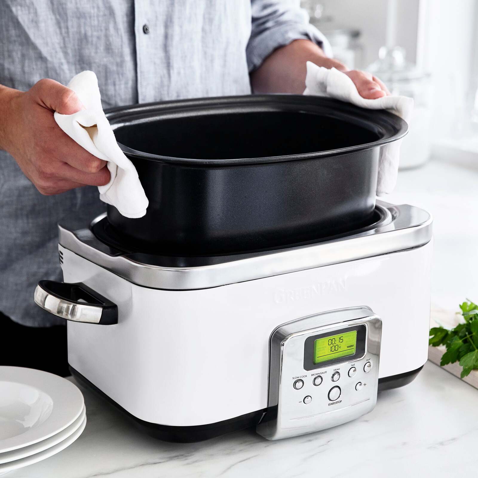 GreenPan Elite Cloud Cream Electric Slow Cooker 230V 2200W Home Kitchen Cookware