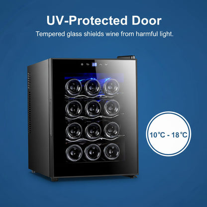 Lenoxx 12 Bottle Thermoelectric Wine Fridge, 65W, UV Protected Glass Door, Soft LED Illumination