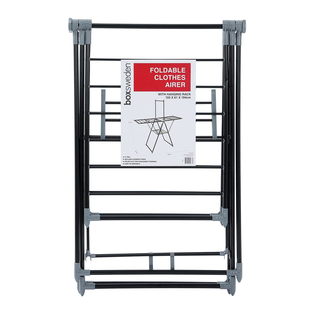 Boxsweden Foldable Clothes Airer with Hanging Rack 155x194cm (Black)