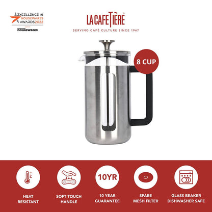 La Cafetiere Pisa 8-Cup 1L Brushed Stainless Steel/Glass French Press (Silver)