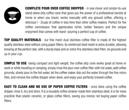 Coffee Culture Stainless Steel Micro Mesh Pour Over Coffee Filter Cone (Silver)